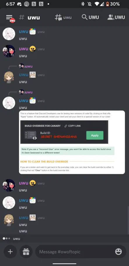 Discord UI but every text element is replaced with uwu